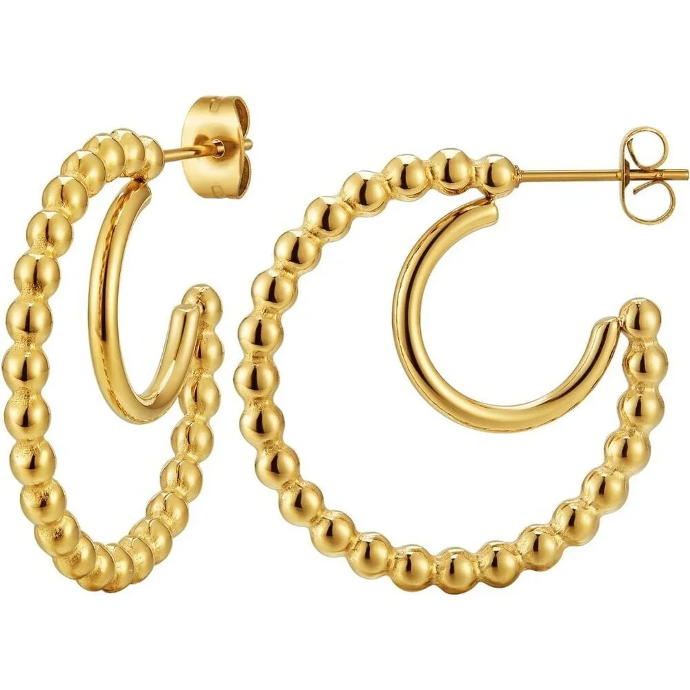 Gold Hoop Earrings for Women 14K Gold Beaded Hoop Earring Hypoallergenic Jewelry